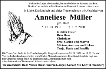 Traueranzeige von Anneliese Müller von vrm-trauer