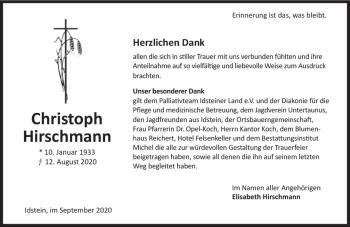 Traueranzeige von Christoph Hirschmann von vrm-trauer