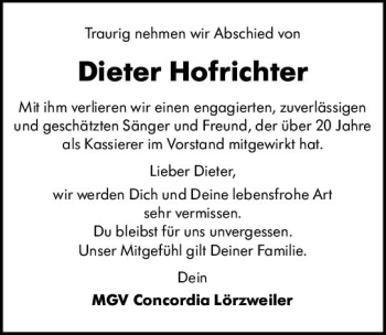Traueranzeige von Dieter Hofrichter von vrm-trauer