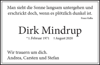Traueranzeige von Dirk Mindrup von vrm-trauer