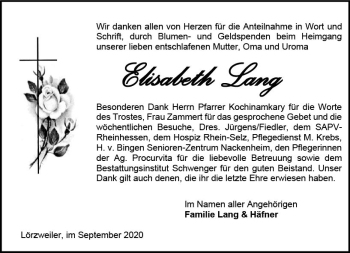 Traueranzeige von Elisabeth Lang von vrm-trauer
