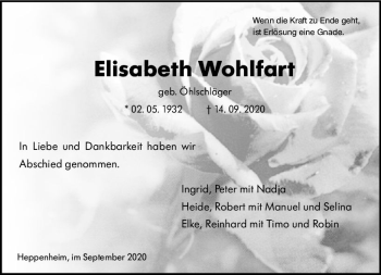 Traueranzeige von Elisabeth Wohlfort von vrm-trauer