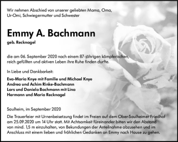 Traueranzeige von Emmy A. Bachmann von vrm-trauer