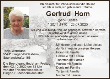 Traueranzeige von Gertrud Horn von vrm-trauer