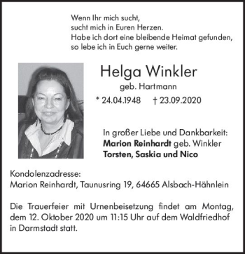 Traueranzeige von Helga Winkler von vrm-trauer