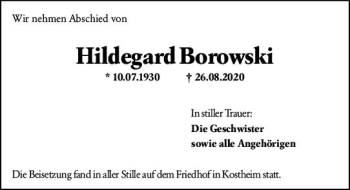 Traueranzeige von Hildegard Borowski von vrm-trauer