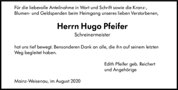Traueranzeige von Hugo Pfeifer von vrm-trauer