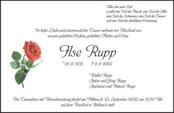 Traueranzeige von Ilse Rupp von vrm-trauer