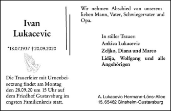 Traueranzeige von Ivan Lukacevic von vrm-trauer