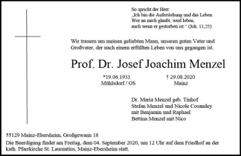 Traueranzeige von Josef Joachim Menzel von vrm-trauer