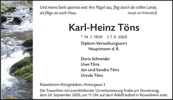 Traueranzeige von Karl-Heinz Töns von vrm-trauer
