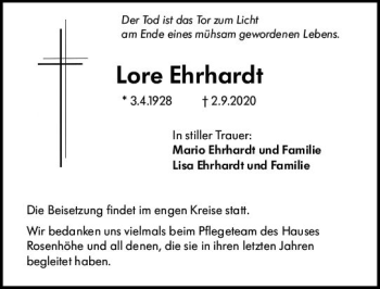 Traueranzeige von Lore Ehrhardt von vrm-trauer
