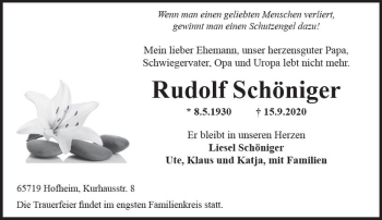 Traueranzeige von Rudolf Schöniger von vrm-trauer