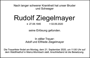 Traueranzeige von Rudolf Ziegelmayer von vrm-trauer