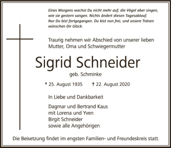 Traueranzeige von Sigrid Schneider von vrm-trauer