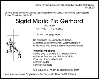 Traueranzeige von Sigrid Maria Pia Gerhard von vrm-trauer