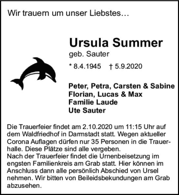 Traueranzeige von Ursula Summer von vrm-trauer