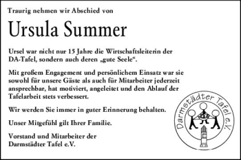 Traueranzeige von Ursula Summer von vrm-trauer