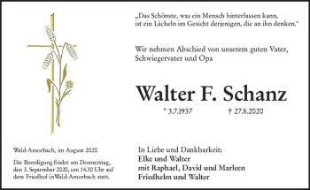 Traueranzeige von Walter F. Schanz von vrm-trauer