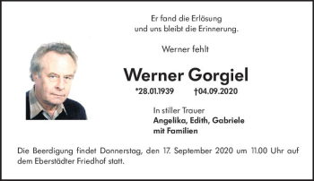 Traueranzeige von Werner Gorgiel von vrm-trauer