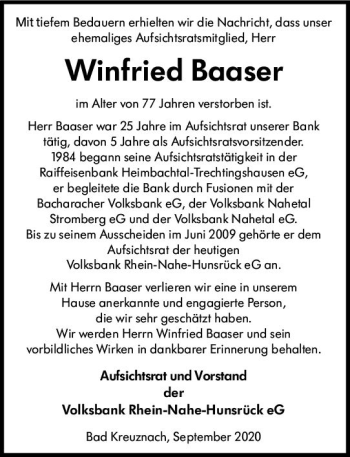 Traueranzeige von Winfried Baaser von vrm-trauer