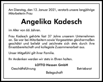 Traueranzeige von Angelika Kadesch von vrm-trauer