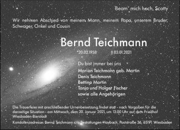 Traueranzeige von Bernd Teichmann von vrm-trauer