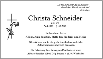 Traueranzeige von Christa Schneider von vrm-trauer