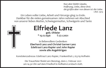 Traueranzeige von Elfriede Lanz von vrm-trauer