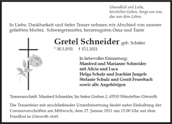 Traueranzeige von Gretel Schneider von vrm-trauer