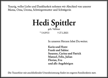 Traueranzeige von Hedi Spittler von vrm-trauer