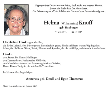 Traueranzeige von Helma Knuff von vrm-trauer