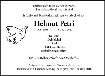 Traueranzeige von Helmut Petri von vrm-trauer