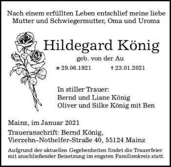 Traueranzeige von Hildegard König von vrm-trauer