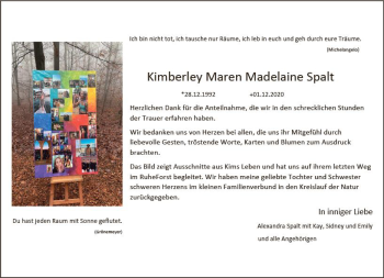 Traueranzeige von Kimberley Maren Madelaine Spalt von vrm-trauer