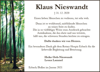 Traueranzeige von Klaus Nieswandt von vrm-trauer