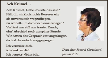 Traueranzeige von Krümel  von vrm-trauer