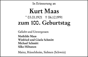 Traueranzeige von Kurt Maas von vrm-trauer