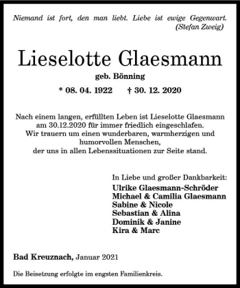 Traueranzeige von Lieselotte Glaesmann von vrm-trauer