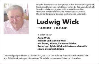 Traueranzeige von Ludwig Wick von vrm-trauer