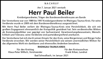 Traueranzeige von Paul Beiler von vrm-trauer