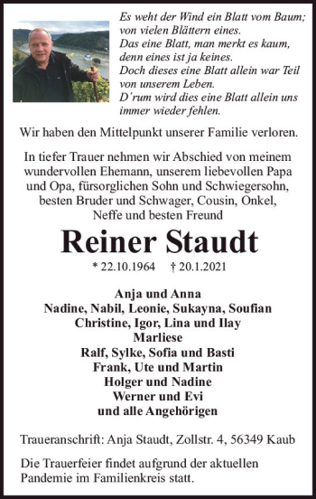 Traueranzeige von Reiner Staudt von vrm-trauer