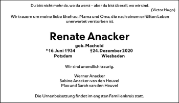 Traueranzeige von Renate Anacker von vrm-trauer