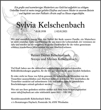 Traueranzeige von Sylvia Kelschenbach von vrm-trauer