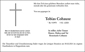 Traueranzeige von Tobias Cohausz von vrm-trauer