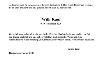 Traueranzeige von Willi Kaul von vrm-trauer