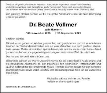 Traueranzeige von Beate Vollmer von vrm-trauer
