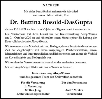 Traueranzeige von Bettina Bosold-DasGupta von vrm-trauer