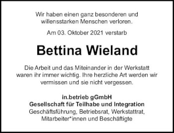 Traueranzeige von Bettina Wieland von vrm-trauer
