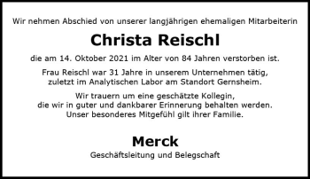 Traueranzeige von Christa Reischl von vrm-trauer
